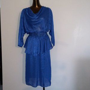 Cowl-neck chiffon dress with peplum & dolby sleeves, vintage 1970s-1980s